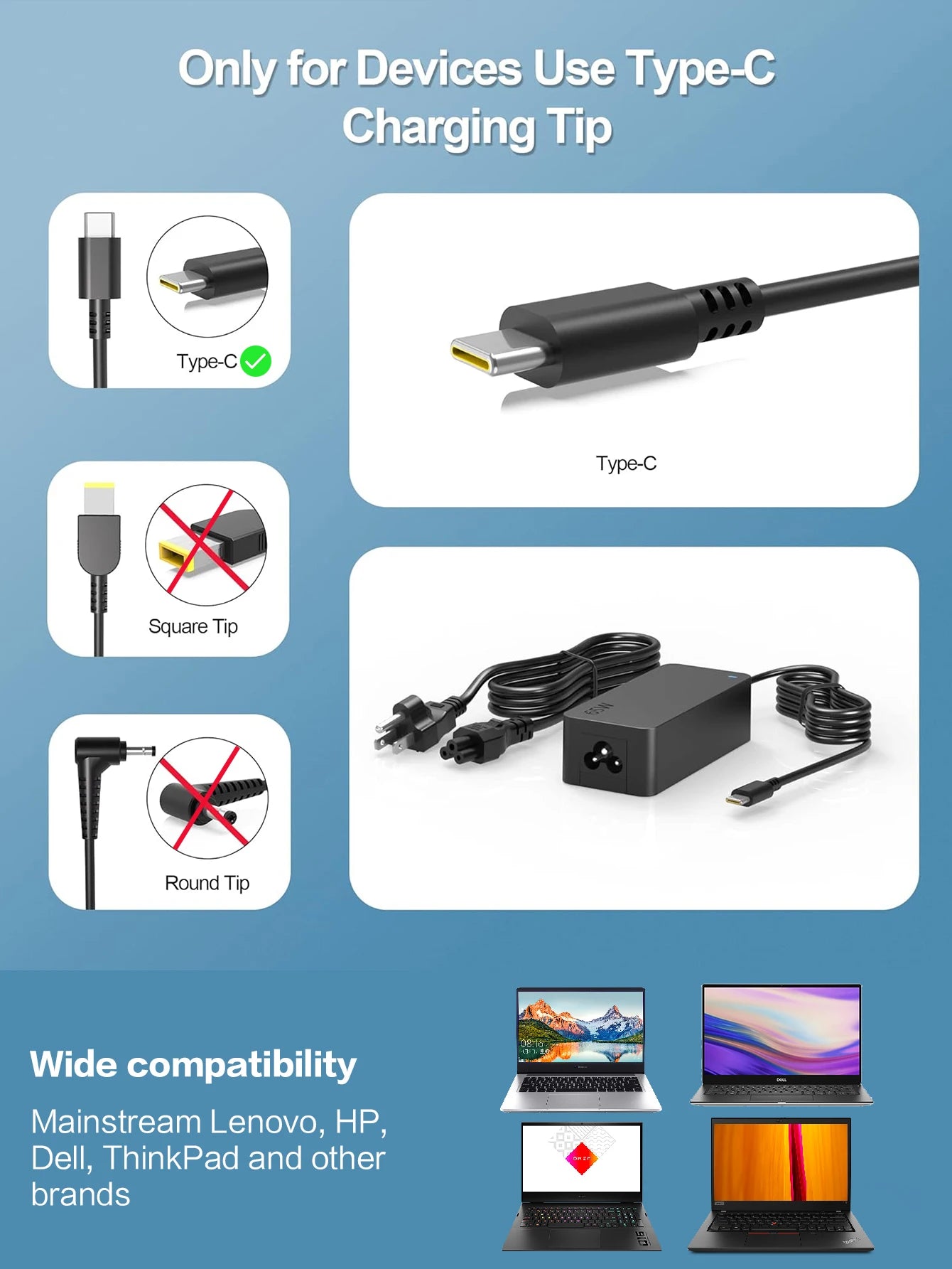 “Reletech 65W USB-C Laptop Charger – Fast Type-C Power Adapter for Lenovo ThinkPad, HP, Dell, Asus, Acer, Chromebook & Yoga | Universal Laptop Charging”