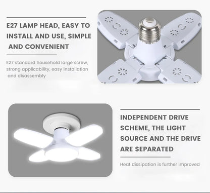 E27 Fan Shape Foldable 28W LED Bulb AC220V/110V Deformation for Home Ceiling Lights Warehouse and Garage White Leaf Light 6500K