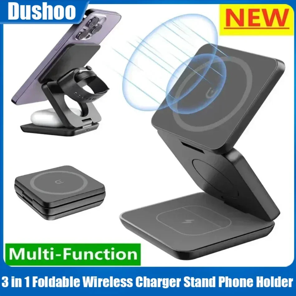 “3-in-1 Foldable Magnetic Wireless Charger Stand – Fast Charging Dock for iPhone 16/15/14/13 Pro Max, Apple Watch 10/9, & AirPods | Wireless Charging Station Holder”