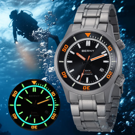 BERNY Automatic Titanium Diver Watch for Men Supper Luminous Sappire AR coated Miyota 8215 20ATM Mechanical Diving Men's Watches