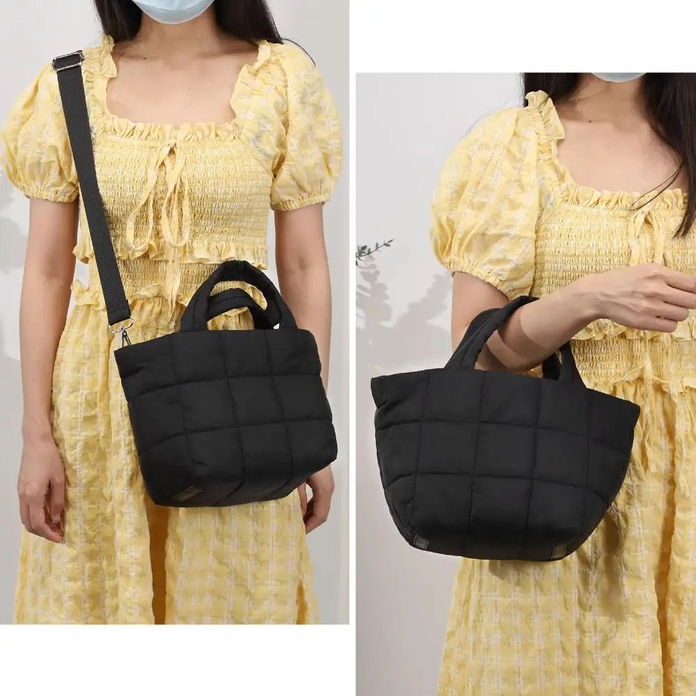 Adjustable Quilted Tote Bag Nylon Detachable Strap Puffer Bag Large Capacity with Zipper Crossbody Bag Travel