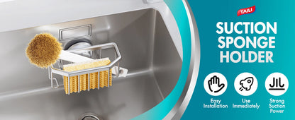 TAILI Sponge Holder for Kitchen Sink with Strong Suction Cup Removable, Rustproof Aluminum Sink Caddy for Sponge, Brush