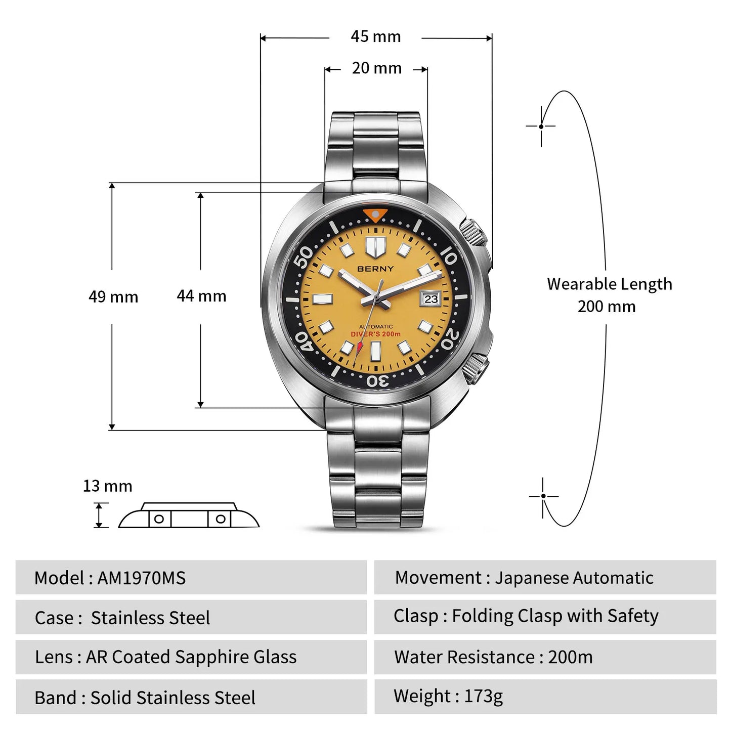 BERNY Automatic Diver Watch for Men Super Luminous Wristwatch Sapphire Sport Mechanical 20ATM 1970 Compressor Diving Men Watches