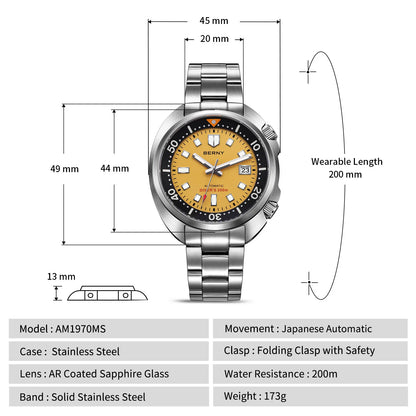 BERNY Automatic Diver Watch for Men Super Luminous Wristwatch Sapphire Sport Mechanical 20ATM 1970 Compressor Diving Men Watches