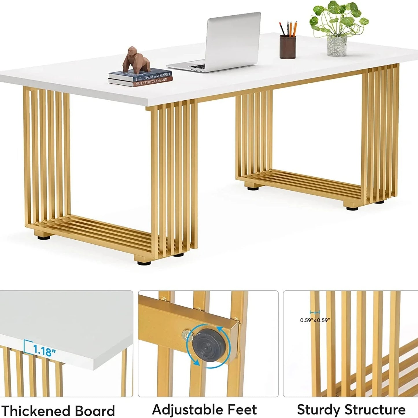 70.9" Executive Office Desk, Modern Conference Desk with Metal Frame, White Gold