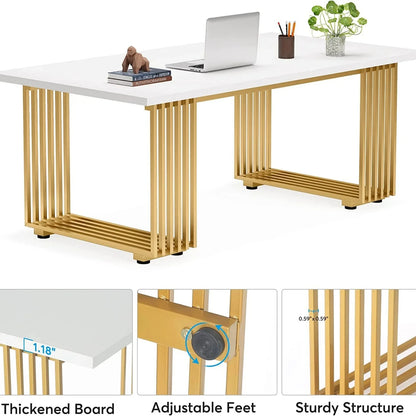 70.9" Executive Office Desk, Modern Conference Desk with Metal Frame, White Gold
