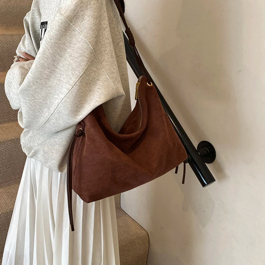 Women Suede Shoulder Bag Adjustable Strap Messenger Bag with Zipper Trendy Retro Handbag for Work Travel RELUX.STORE