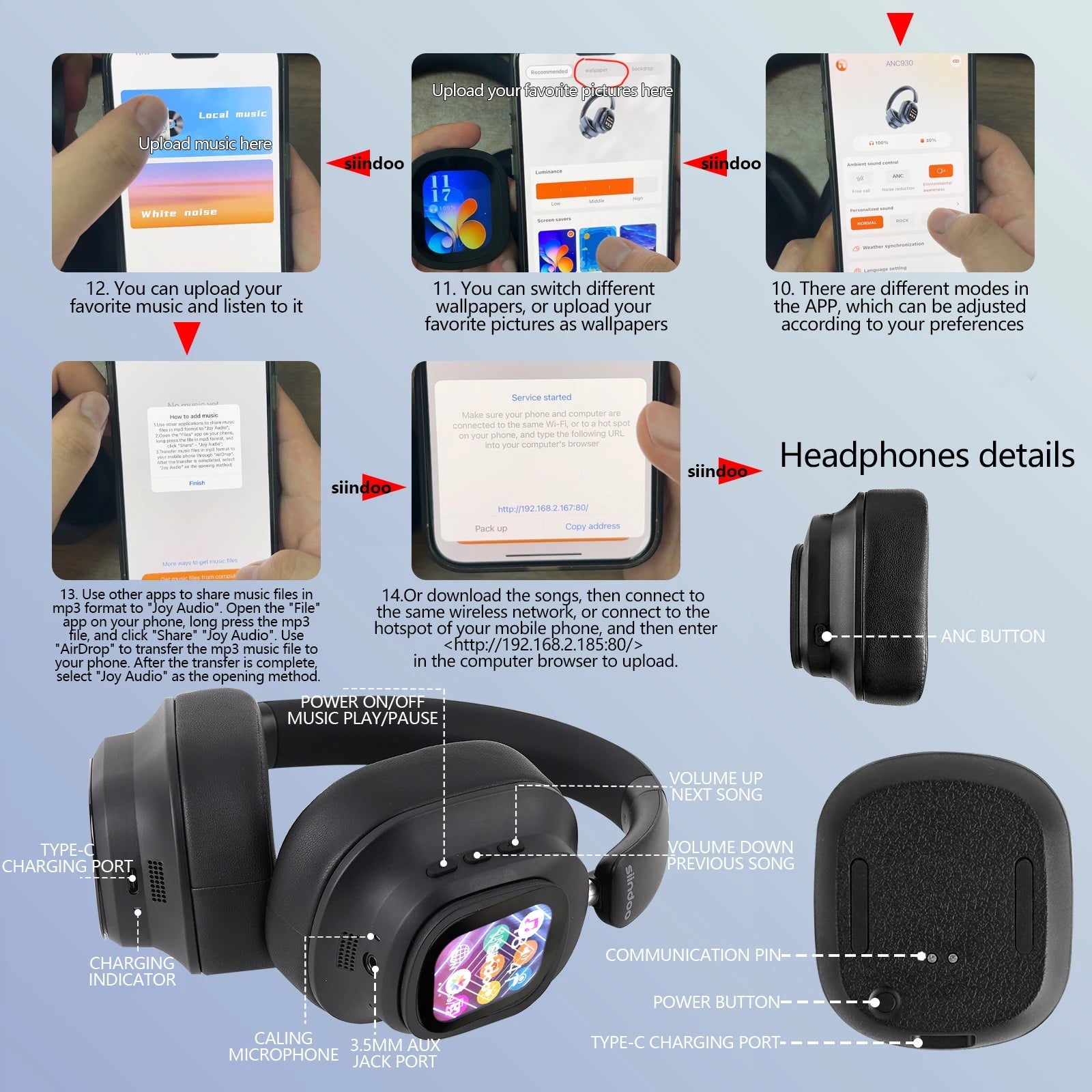 Siindoo JH-ANC930Plus Active Noise Cancelling Headphones, Hybrid Wireless Headphone With Multi Magnetic Touch Control LED Screen RELUX.STORE
