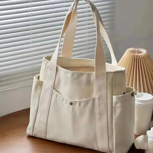 Canvas Women's Shoulder Bag Large Capacity Multiple Outer Pocket Zipper Tote Bag Student Handbag Shopping