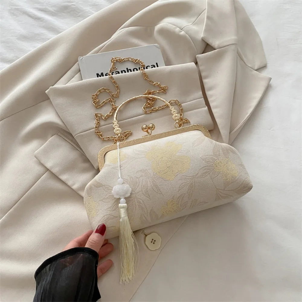 Flower Pattern Chinese Style Handbag Cheongsam Accessories Elegant Hanfu Clutch Bag Single Shoulder with Pendant RELUX.STORE