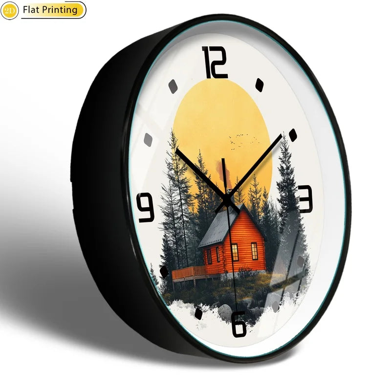 Unique 2D-Flat Sunny mountain cabin Plastic Silent Wall Clock Elegant home decor exquisite choice for New Year presents