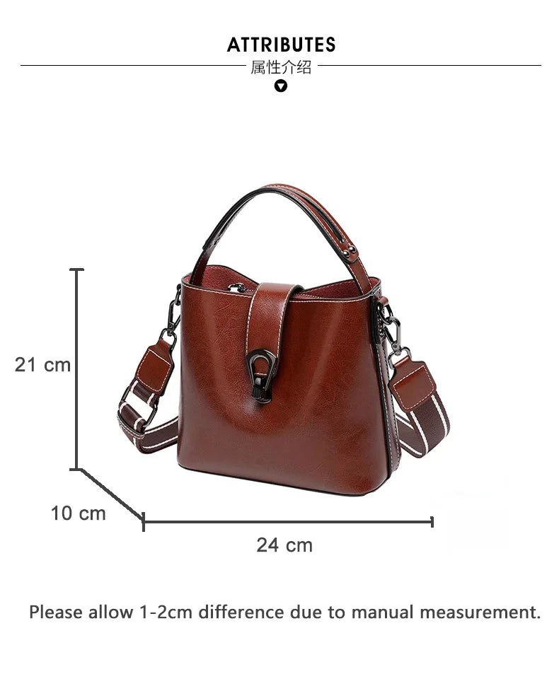 Real Oil Wax Leather Women's Bucket Bag Casual and Simple Handbag Large Capacity Ladies Cowhide Fashionable Crossbody Tote Bag