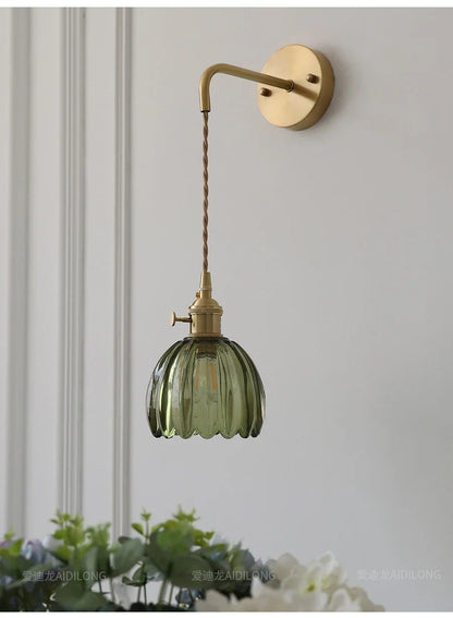 Modern Japanese Retro Floral Glass Wall Lamp Modern Simple Bedside Lamp For Bedroom Study Led Mirror Light Nordic Wall Sconce