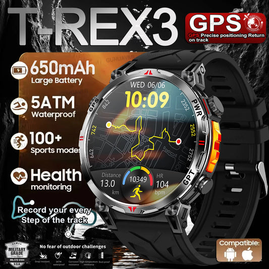 2025 New Military AMOLED HD SmartWatch 650Mah Battery GPS Compass 5ATM Waterproof Tactics 100+ Sport BT call Smart Watch For Men