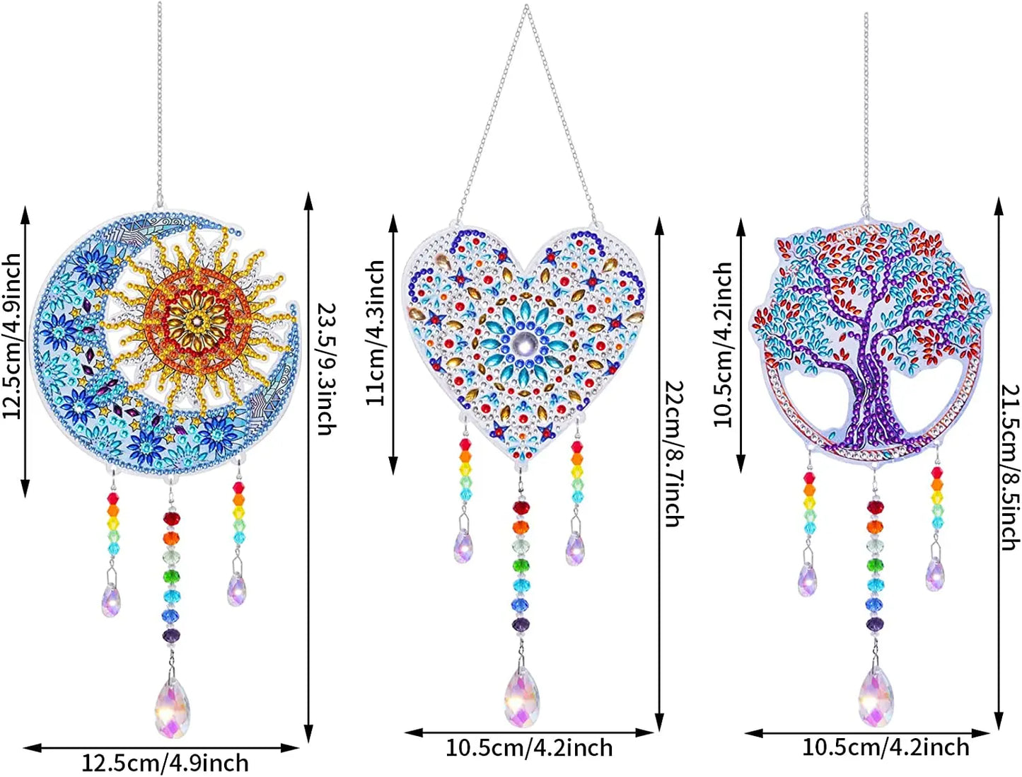1 Acrylic Double-sided Super Flash Crystal Diamond Painting Captures Scenery Sun Moon Heart Tree Pattern DIY Wind Chimes