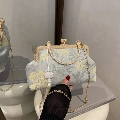 Flower Pattern Chinese Style Handbag Cheongsam Accessories Elegant Hanfu Clutch Bag Single Shoulder with Pendant RELUX.STORE