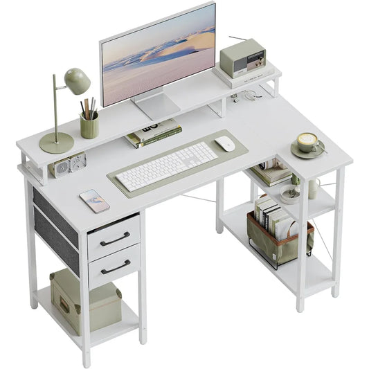 L Shaped Computer Desk with Monitor Stand & Shelves, 47 Inch Corner Home Office Desk Writing Table with Storage Drawer, White