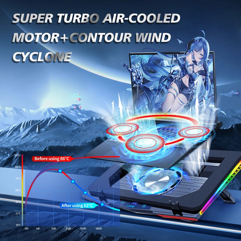 Air Compression RGB Laptop Cooling Pad - Ultra-Quiet USB Cooler, Fast Heat Dissipation & Adjustable Stand