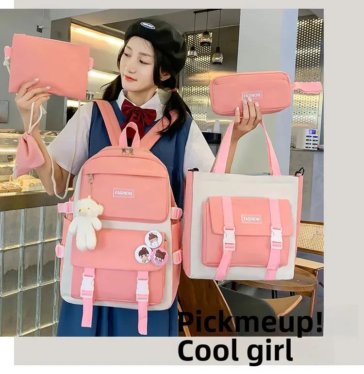 Five-Piece Set Large Capacity Fashionable Double Shoulder Backpack for Junior And High School Girls Primary School Students