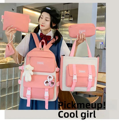 Five-Piece Set Large Capacity Fashionable Double Shoulder Backpack for Junior And High School Girls Primary School Students