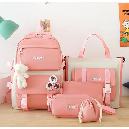 Five-Piece Set Large Capacity Fashionable Double Shoulder Backpack for Junior And High School Girls Primary School Students