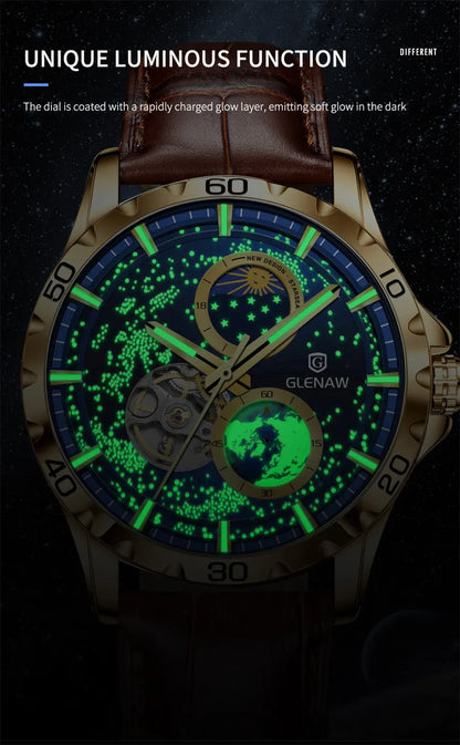 GLENAW Rotating Earth Double Second Hand WristWatch Men Automatic Mechanical Watch Starry Sky Stainless Steel Leather Watchband