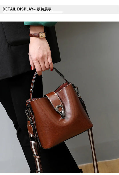 Real Oil Wax Leather Women's Bucket Bag Casual and Simple Handbag Large Capacity Ladies Cowhide Fashionable Crossbody Tote Bag