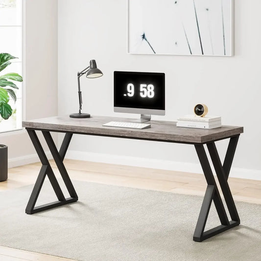 Writing Computer Desk, 55 inch Heavy Duty Study Desk with Z-Shaped Metal Leg, Grey