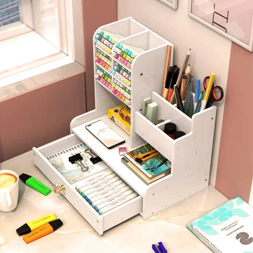 Wooden Desk Organiser DIY Desktop Tidy Pen Holder Large Capacity Stationery Storage Box with Drawer for Home Office and School