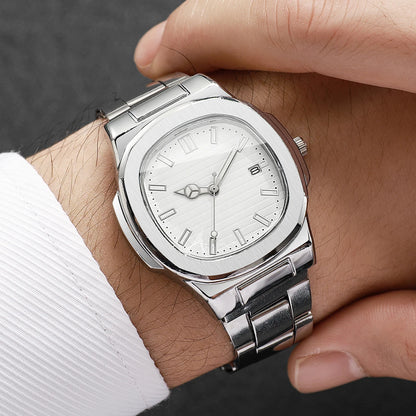 Men Fashion Wristwatches Business Square Dial Stainless Steel Strap Quartz Watch with Calendar For Mens Clock（Without Box）
