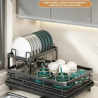 Adjustable Dish Drying Rack & Drainboard Organizer for Kitchen Plates, Over Sink Countertop, Cutlery Storage with Drain Rac