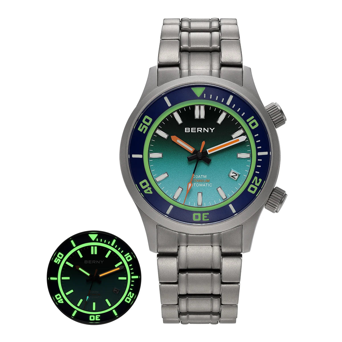 BERNY Automatic Titanium Diver Watch for Men Supper Luminous Sappire AR coated Miyota 8215 20ATM Mechanical Diving Men's Watches
