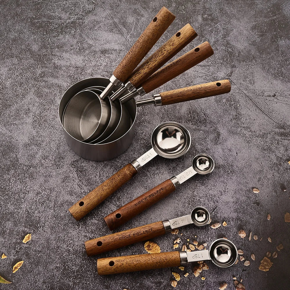 Gold Wooden Handle Stainless Steel Measuring Cups Spoons Baking Tools Coffee Measuring Spoon Set Bartending Scale Accessories