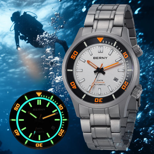 BERNY Automatic Full Titanium Diver Watch for Men Supper Luminous Sappire AR coated Miyota 8215 Compressor Mechanical Dive Watch