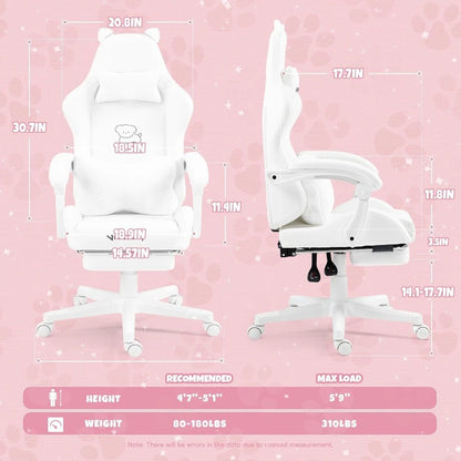 Cute Gaming Chair with Lumbar Cushion and Decorated Ears, Ergonomic Computer Chair with Footrest, Reclining PC Game Chair