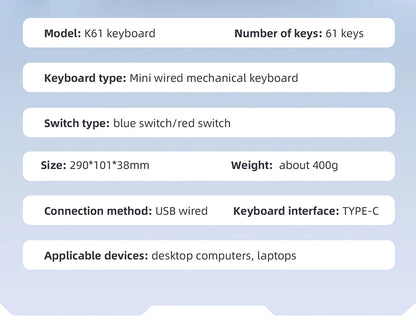 60% Portable Wired Mini Mechanical Keyboard, APAYADO K61 Mini Keyboard Wired,61 Keys Phantom RGB,Black,White,Red,Red/Blue Switch