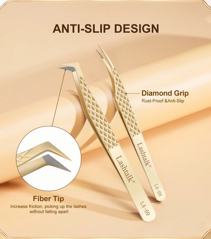 Lashtalk Precision Fiber Tip Tweezer Eyelash Extensions Diamond Grip Anti-Slip Premium Gold Stainless Steel Makeup With Box Pack RELUX.STORE