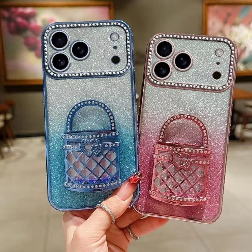 For iPhone17/15/14/13/12promax Rhinestone Phone Case Makeup Mirror Holder Quicksand Glitter Case RELUX.STORE