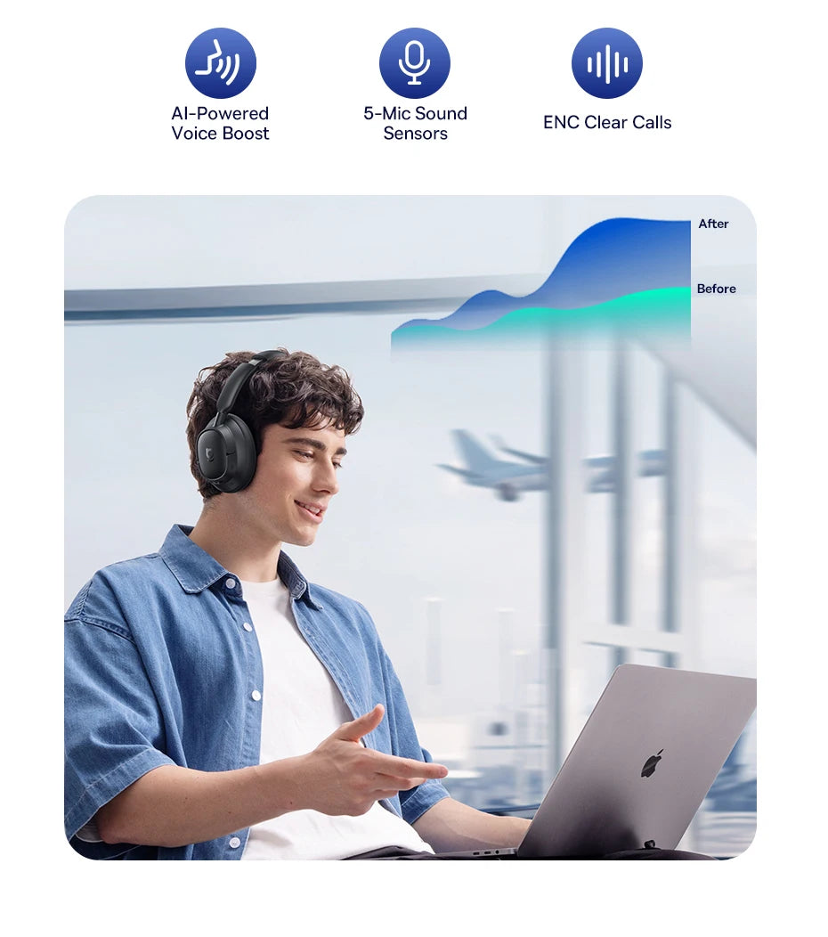 Baseus EH10 NC ANC Wireless Headphones 45dB Adaptive Hybrid Noise Cancelling Headsets Hi-Res LDAC Headphone Bluetooth 6.0 80Hrs