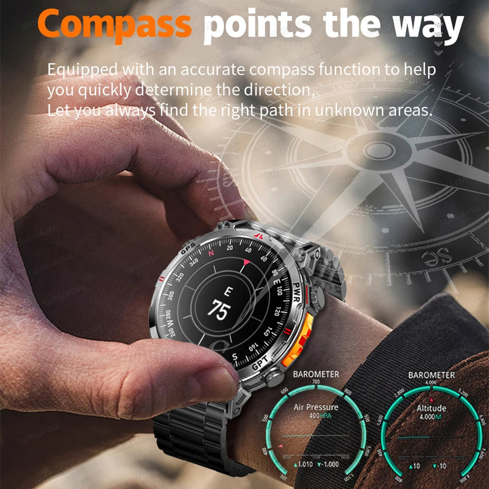 2025 New Military AMOLED HD SmartWatch 650Mah Battery GPS Compass 5ATM Waterproof Tactics 100+ Sport BT call Smart Watch For Men