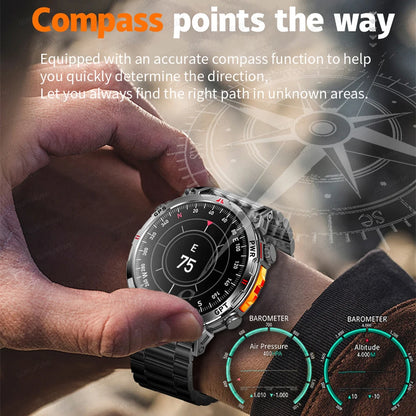 2025 New Military AMOLED HD SmartWatch 650Mah Battery GPS Compass 5ATM Waterproof Tactics 100+ Sport BT call Smart Watch For Men