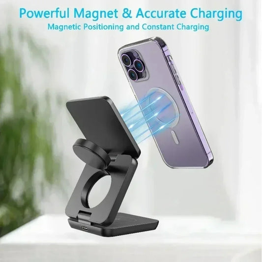 “3-in-1 Foldable Magnetic Wireless Charger Stand – Fast Charging Dock for iPhone 16/15/14/13 Pro Max, Apple Watch 10/9, & AirPods | Wireless Charging Station Holder”