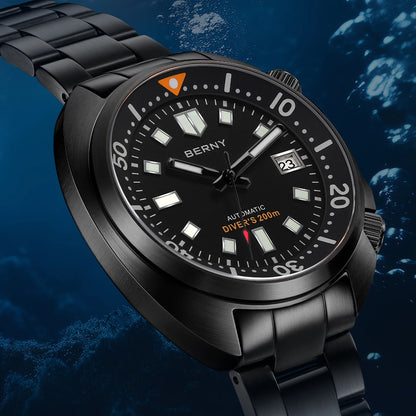 BERNY 20ATM Diver Watch For Men Mechanical Black Dial Original Design Top Automatic Sapphire Luxury Diving Luminous Men Watch