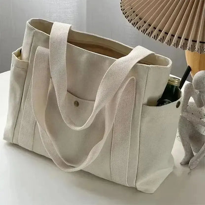 Canvas Women's Shoulder Bag Large Capacity Multiple Outer Pocket Zipper Tote Bag Student Handbag Shopping