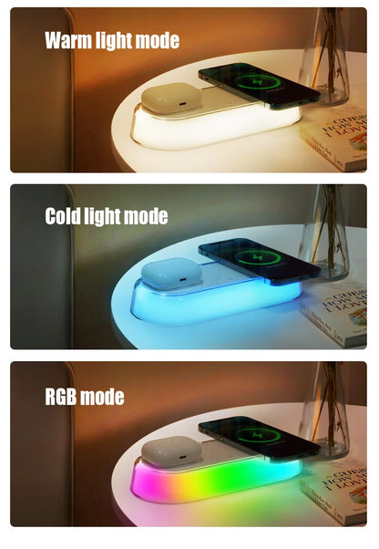 Wireless Charger Alarm Clock Time LED Light Thermometer Earphone Phone Charger 15W Fast Charging Dock Station for iPhone Samsung