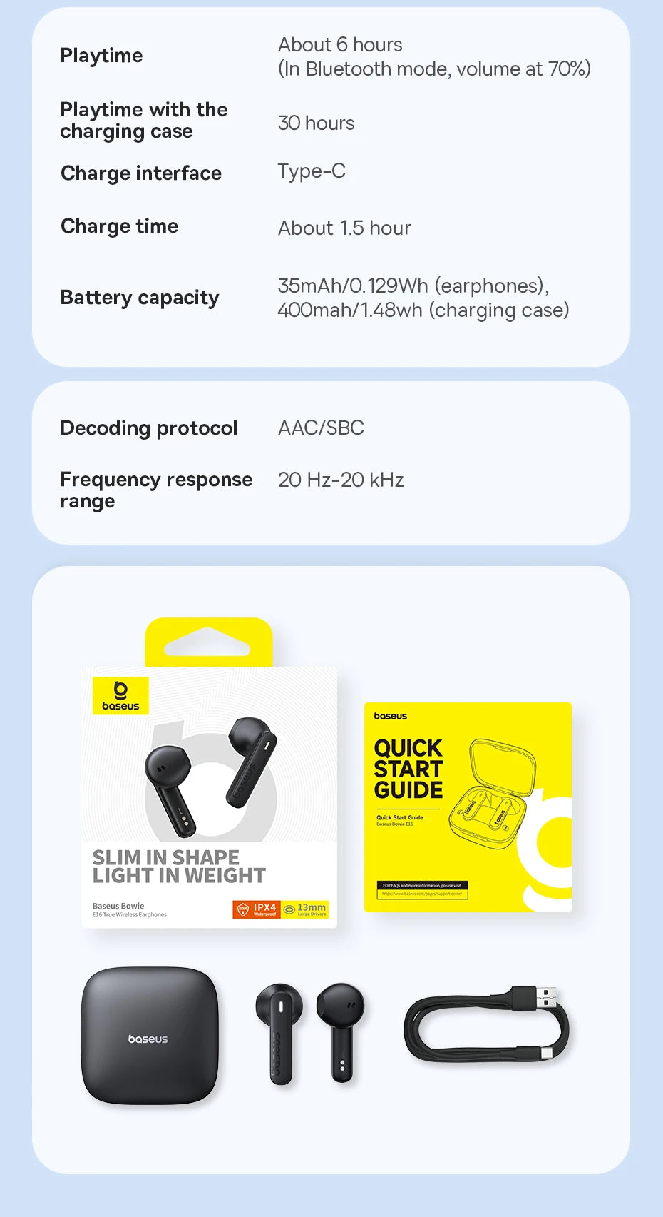 Baseus Bowie E16 Wireless Earphones Bluetooth 5.3 TWS Earbuds IPX4 Waterproof Earphone 30H Playtime 13mm Driver HIFI Headphones RELUX.STORE