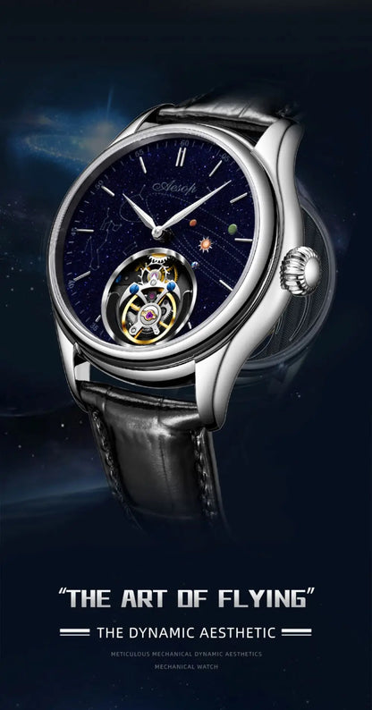 AESOP Mens Luxury Real Flying Tourbillon Mechanical Sapphire Waterproof Watch Skeleton Watches for Men Wristwatches Male 2025 A