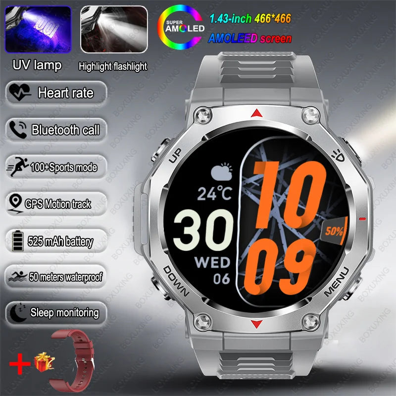 T-Rex 3 GPS Smart Watch 5ATM Waterproof 1.43 inch AMOLED HD Screen BT Call Flashlight Military Sport Smartwatches Men 2025 New