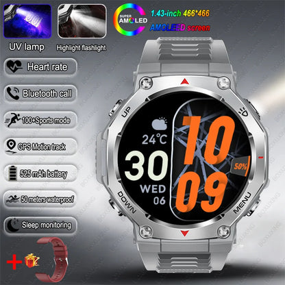 T-Rex 3 GPS Smart Watch 5ATM Waterproof 1.43 inch AMOLED HD Screen BT Call Flashlight Military Sport Smartwatches Men 2025 New