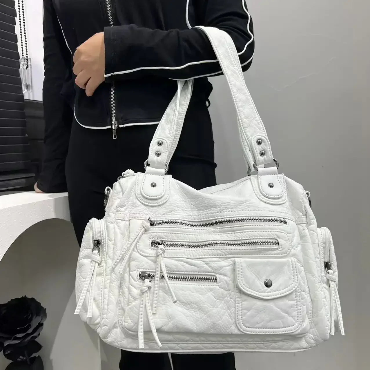 Ladies' fashion Y2K spicy girl retro vintage vintage vintage tote bag, large capacity vintage multi pocket shoulder bag